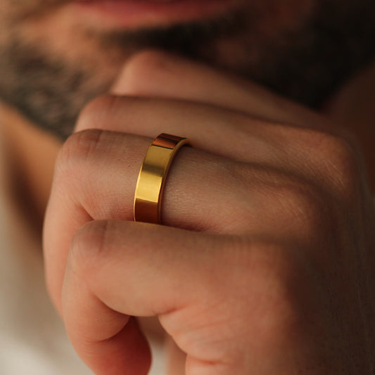 Polished Gold flat wedding band on a person's finger with a neutral background