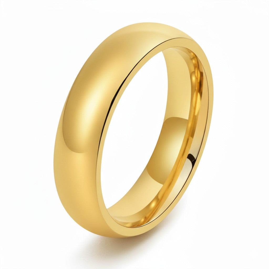 6mm Mens polished gold wedding band on white background