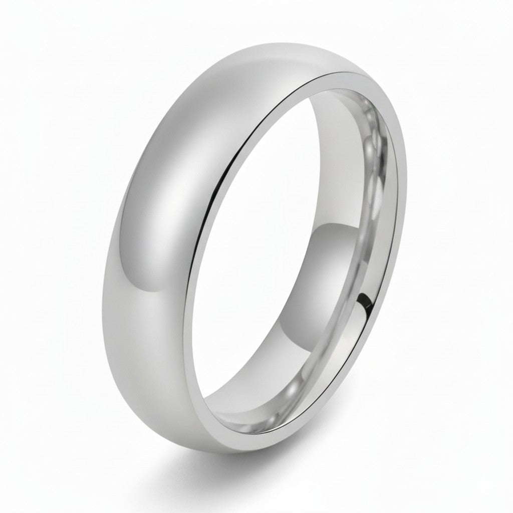 Mens polished silver wedding band on white background