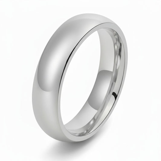 Mens polished silver wedding band on white background
