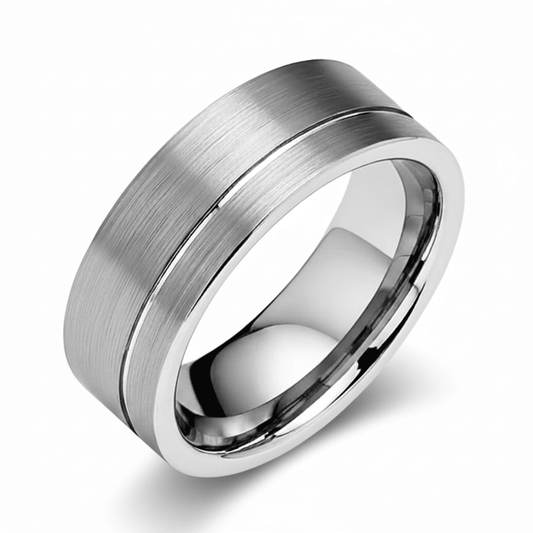 mens silver offset line ring 8mm width
