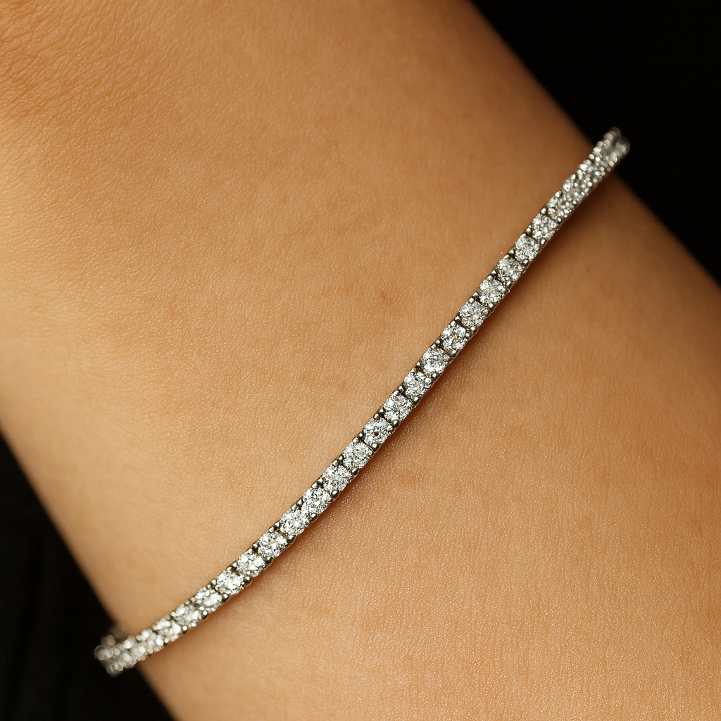 2mm silver moissanite tennis bracelet on wrist