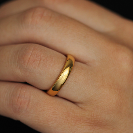 Polished gold wedding band on women's finger