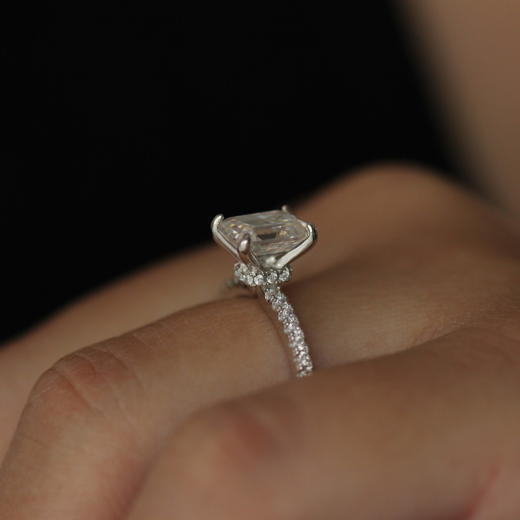 Seoul 2 carat emerald cut moissanite pave set ring