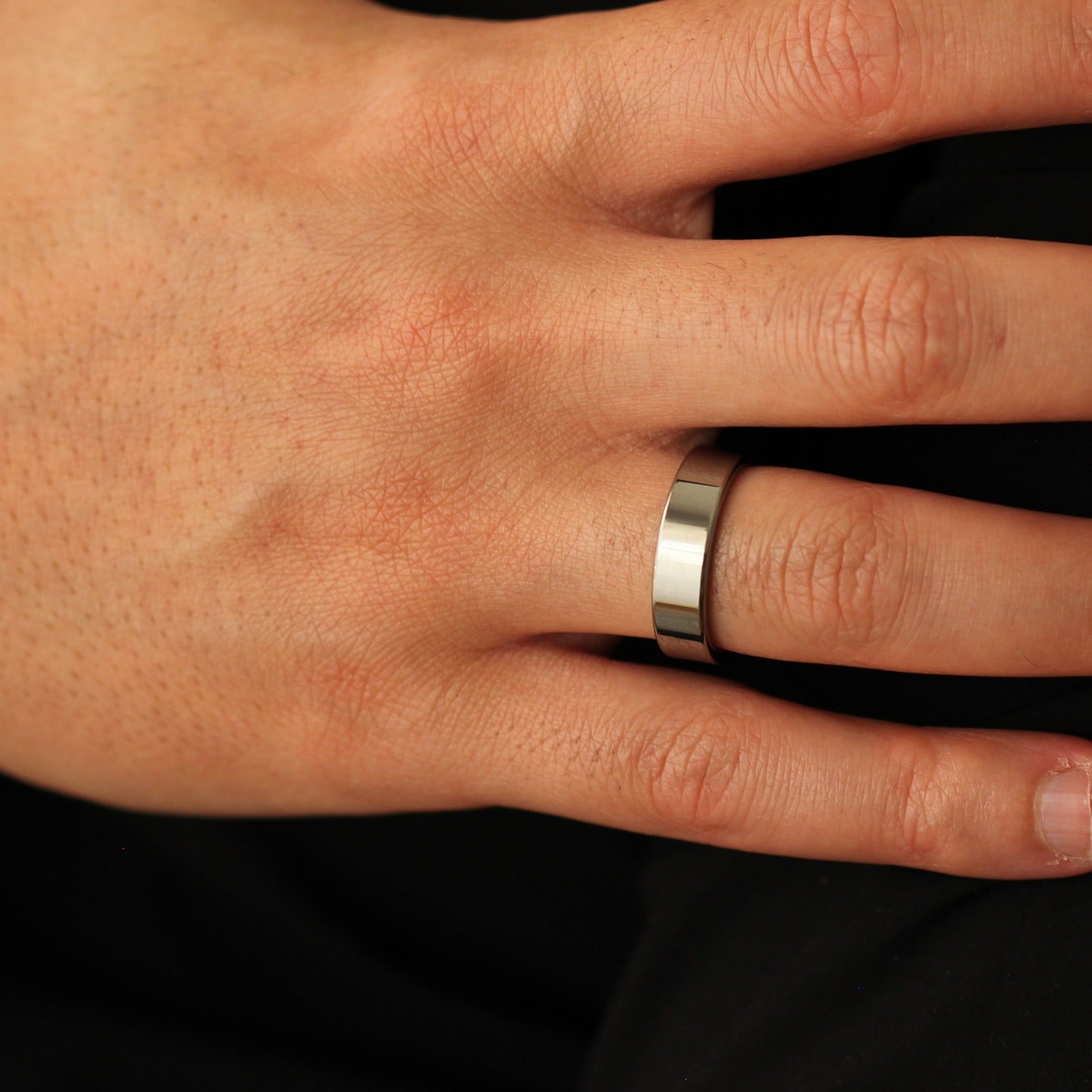 Shiny silver flat wedding band 6mm width