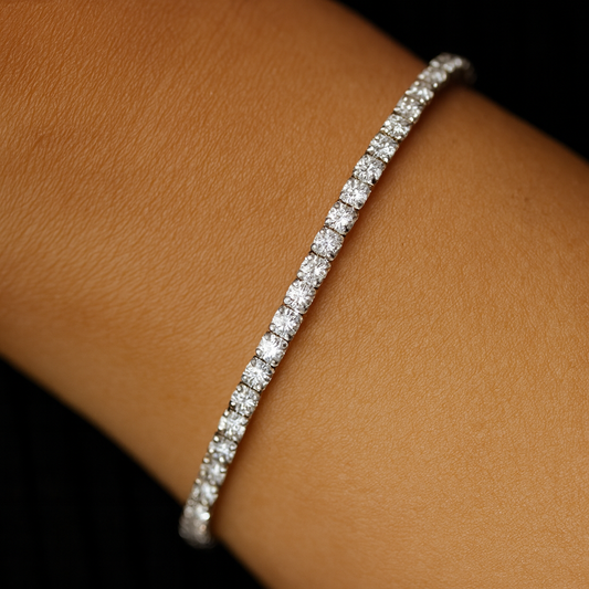 3mm silver tennis bracelet on wrist
