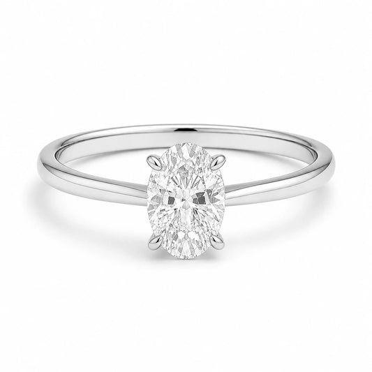 1 carat silver solitaire oval ring on white background