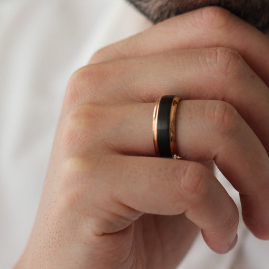 black and rose gold stepped edge mens ring
