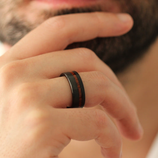 Black men’s ring with natural wood inlay 8mm featuring a smooth matte finish and warm wood grain detail