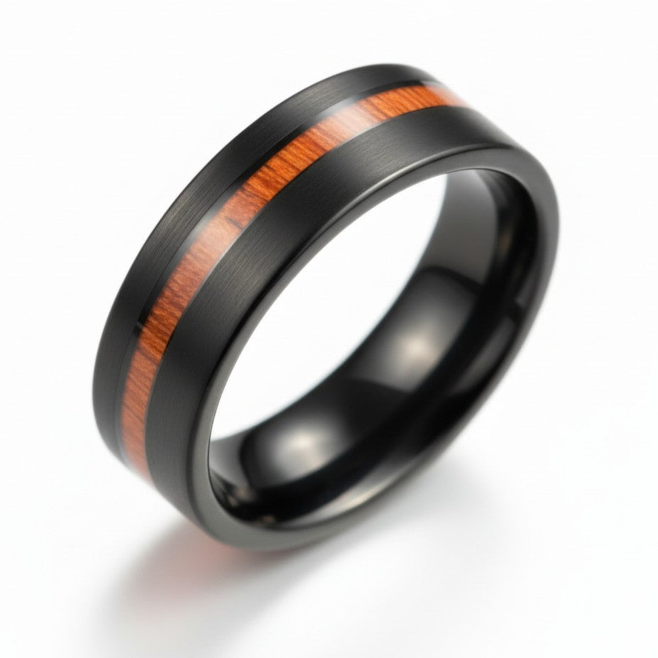Black ring with a wooden inlay on a white background