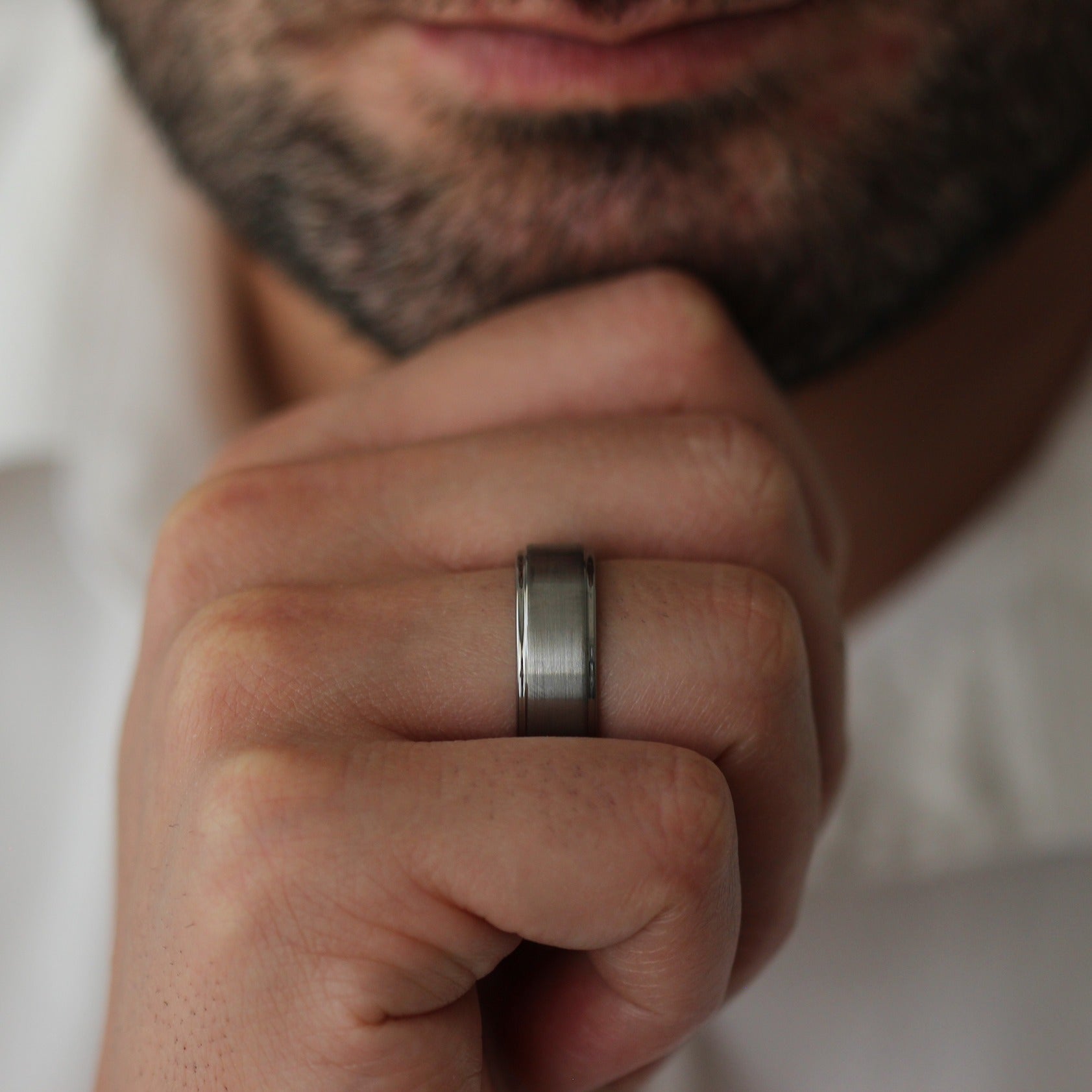 brushed silver men's ring stepped edges