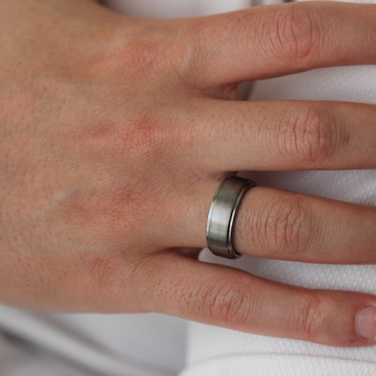 brushed silver men's ring with stepped edges