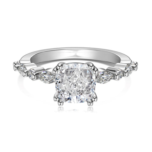 silver ring with square centre stone with a radiant cut