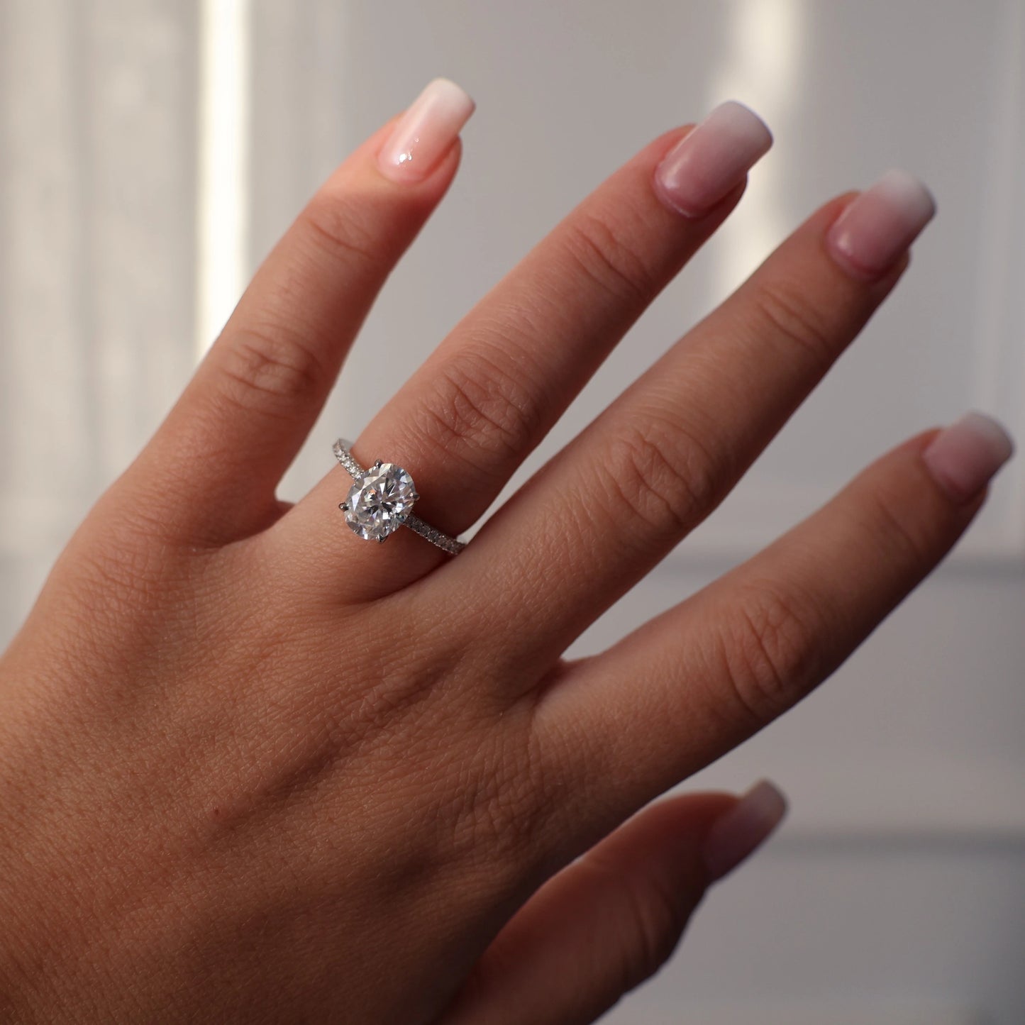 2ct oval moissanite ring with pave band silver