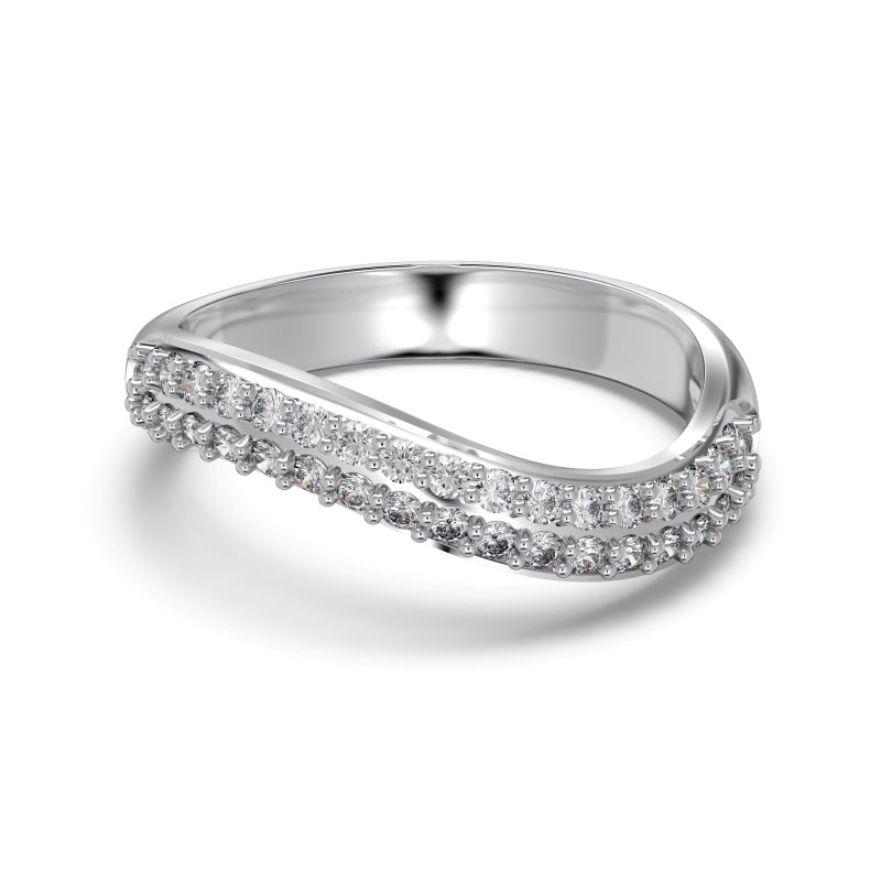 curved pave ring in silver on white background