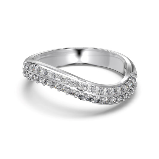 curved pave ring in silver on white background