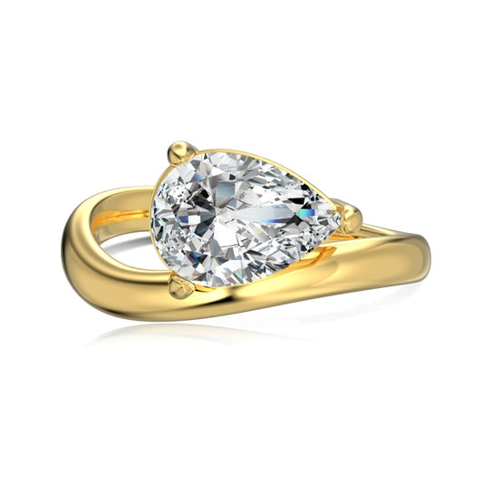 east west facing curved pear ring in gold on white background