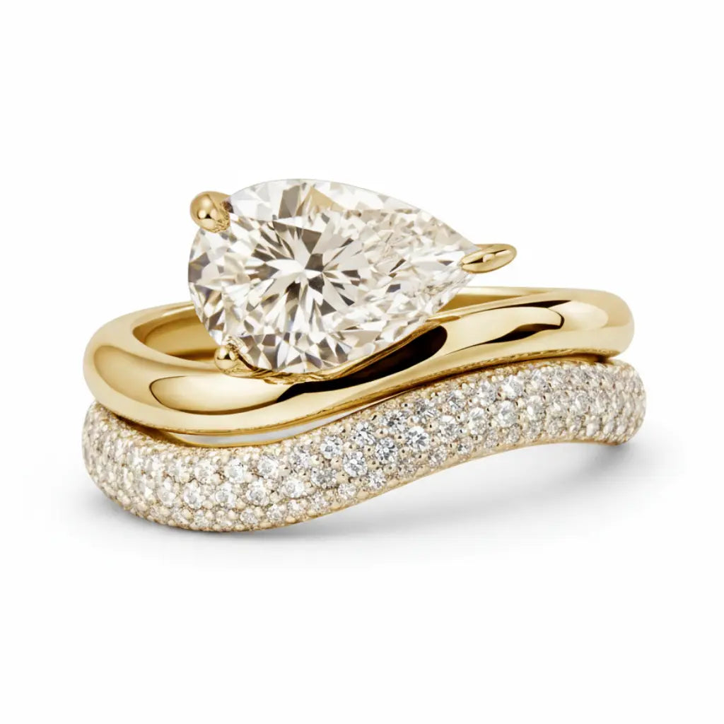 East West Pear Wedding Ring Set Gold
