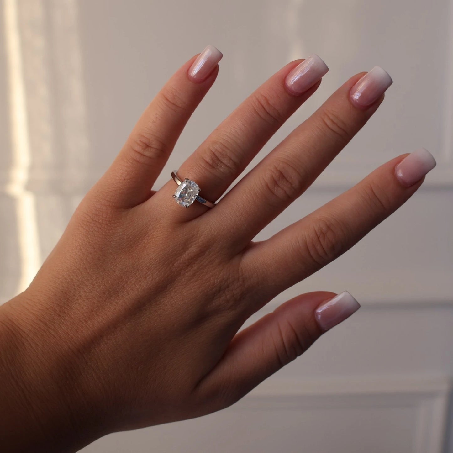 Elongated cushion 3 carat moissanite ring in solitaire setting