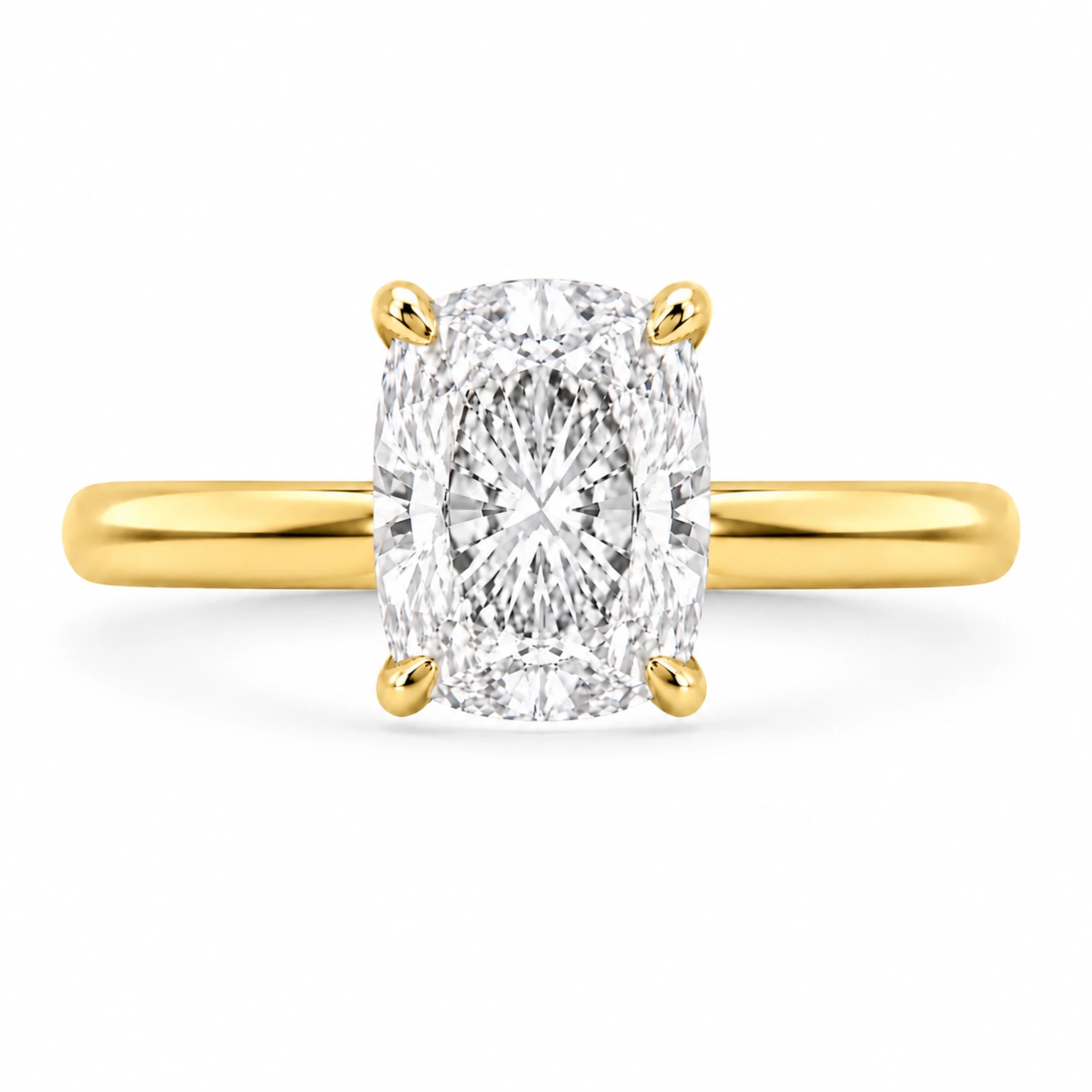 3.5 Ct elongated cushion cut gold ring with cubic zirconia stone and hidden halo
