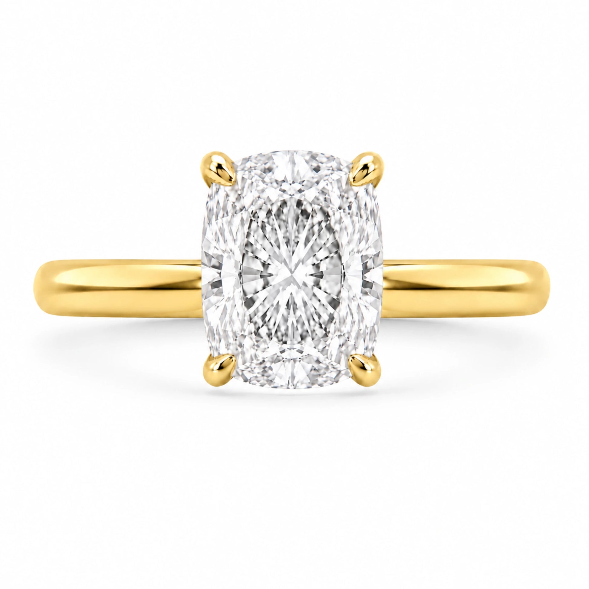 3.5 Ct elongated cushion cut gold ring with cubic zirconia stone and hidden halo