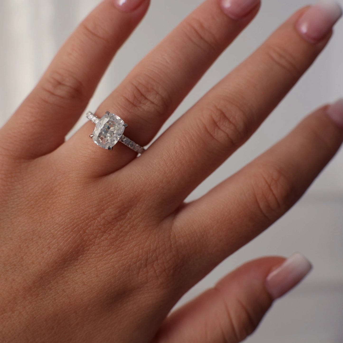 3 carat Elongated cushion moissanite ring with crushed ice