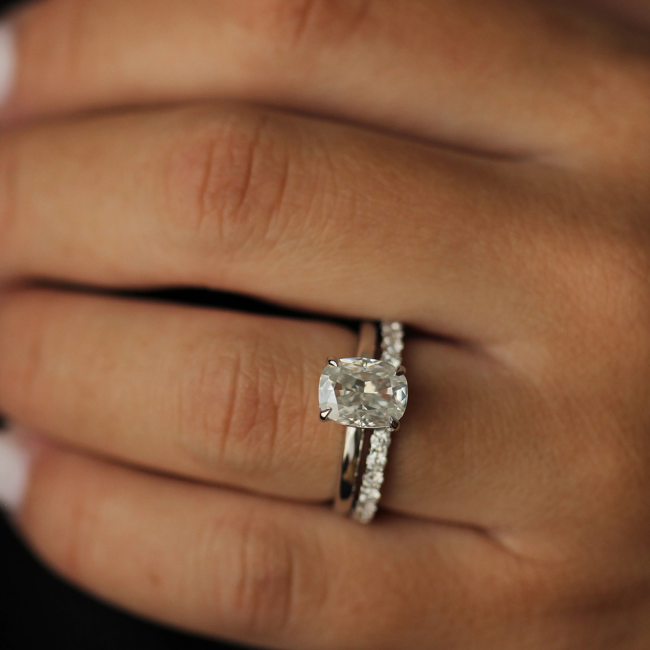 Elongated cushion moissanite solitaire ring with 3 carat centre stone