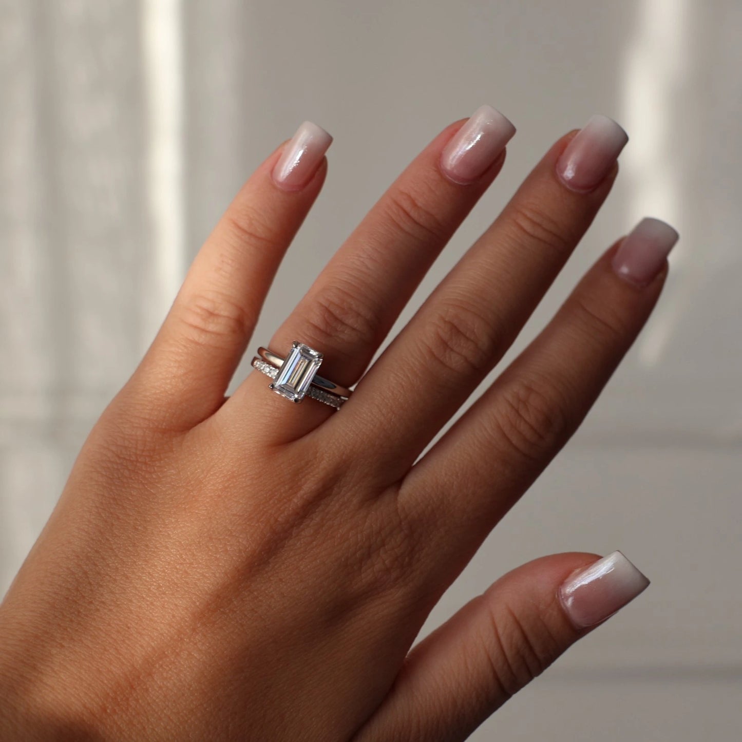 elongated emerald cut 3ct CZ silver ring with eternity band stack