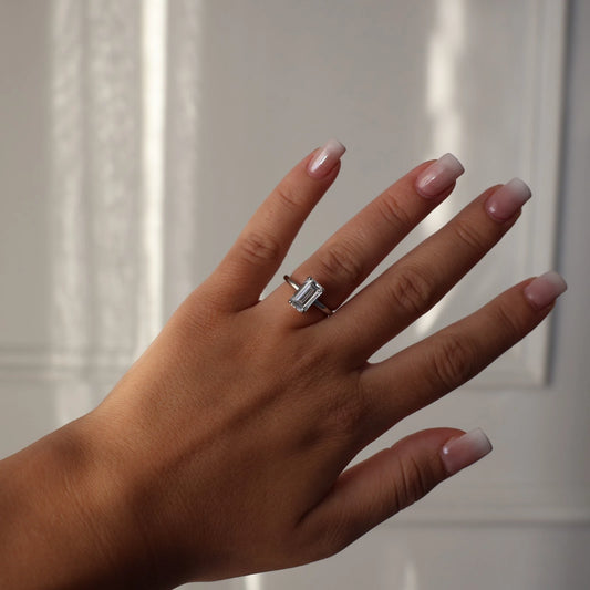 elongated emerald cut 3ct silver engagement ring