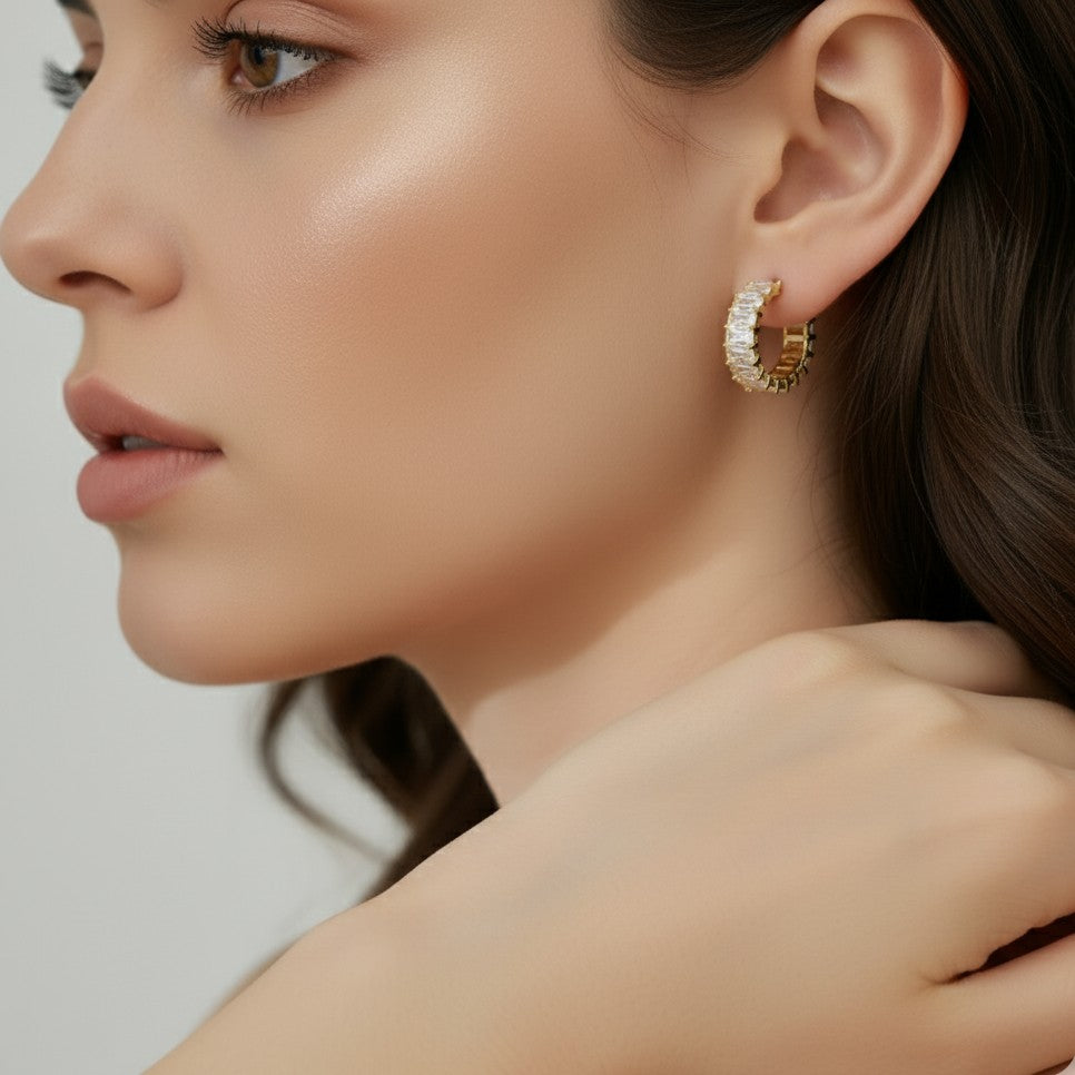 emerald cut gold hoop earrings