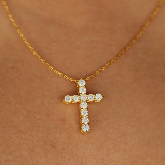 18k plated golden chain cross necklace on model