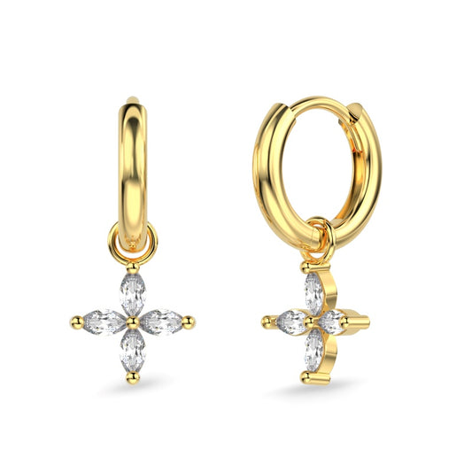 gold hoop earrings with dangling clover charm