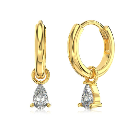 gold hoop earrings with pear charm on white background