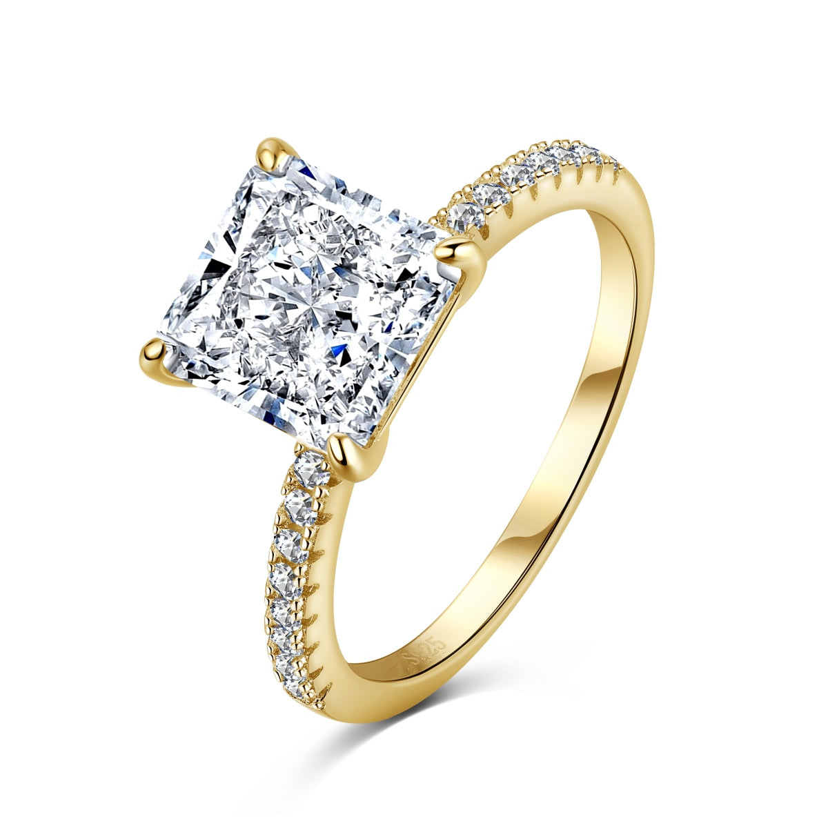 Gold square radiant cut engagement ring with CZ pave band