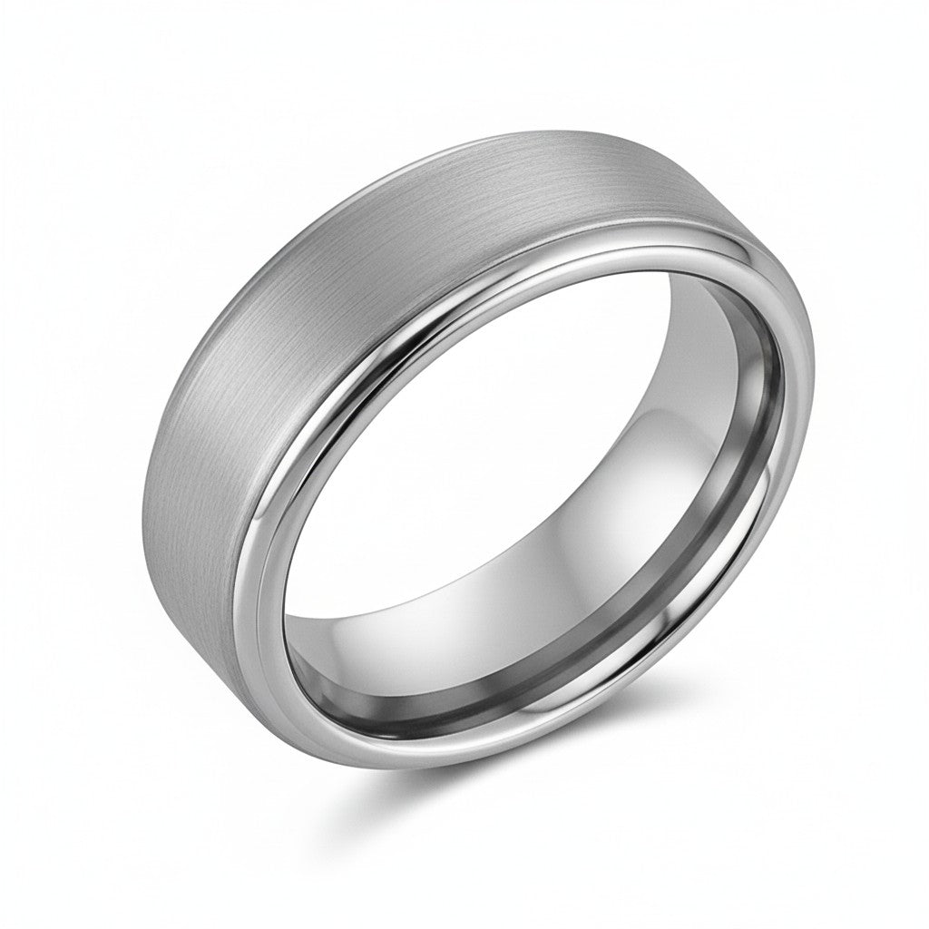 brushed silver mens ring with stepped edges