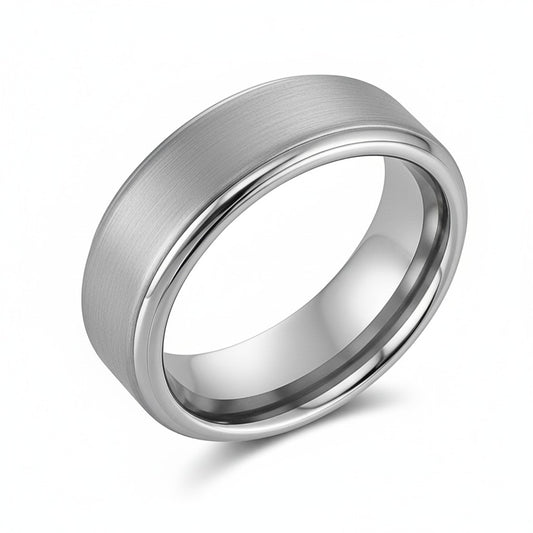 brushed silver mens ring with stepped edges