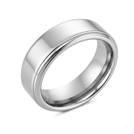 silver polished mens ring with stepped edges