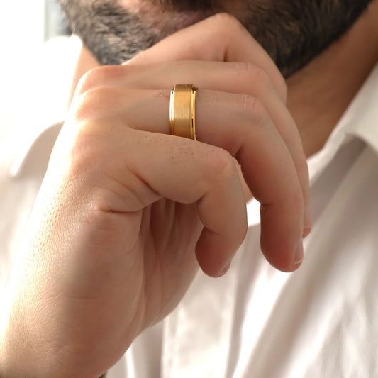 men's brushed gold tungsten wedding band in an 8mm width.