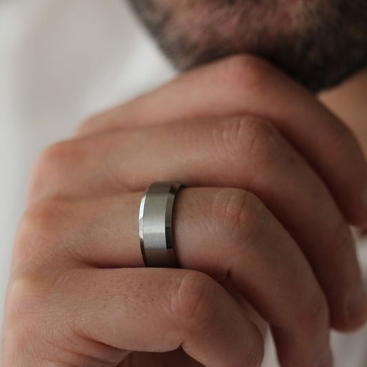 mens beveled edge brushed matte silver ring