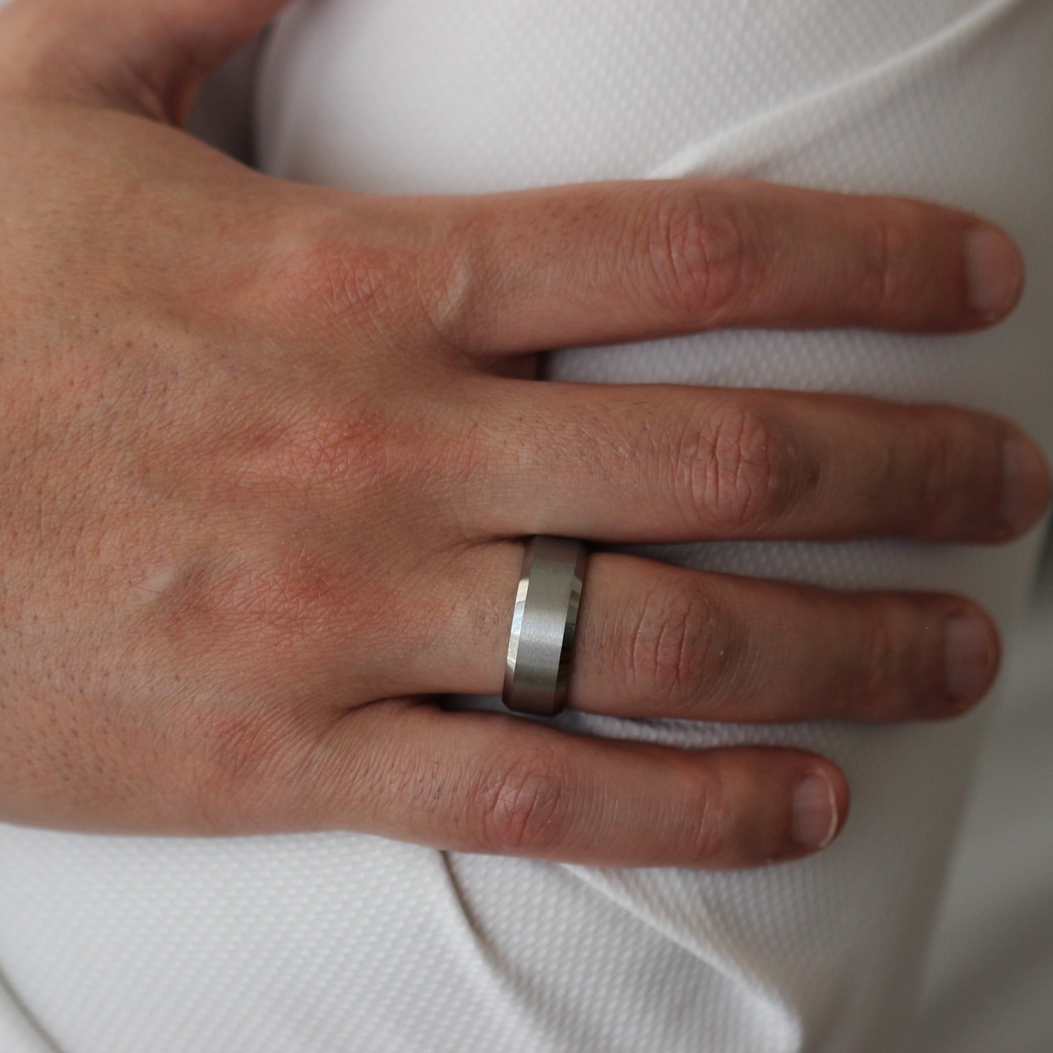 mens beveled edge brushed silver ring