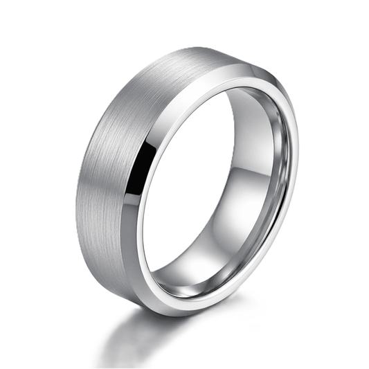 mens beveled edge silver ring with brushed lines