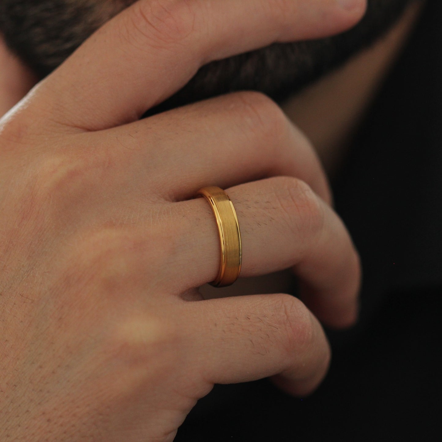 Men’s Brushed Gold Wedding Band 5mm with matte gold finish and modern brushed texture