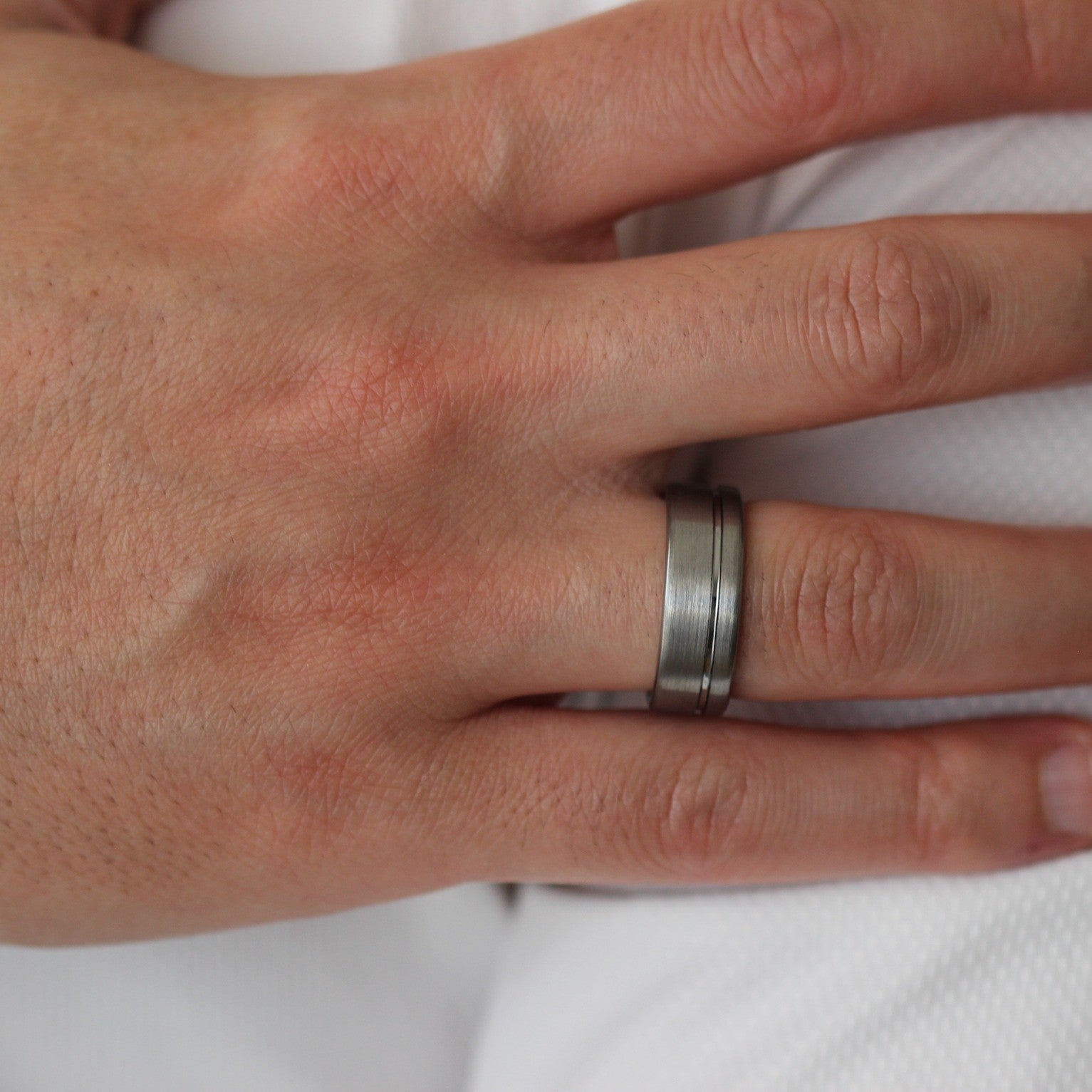 mens silver offset line tungsten ring