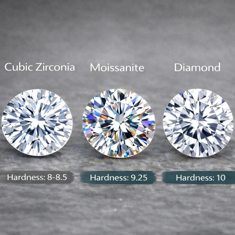 Comparison of Cubic Zirconia, Moissanite, and Diamond hardness on gray background