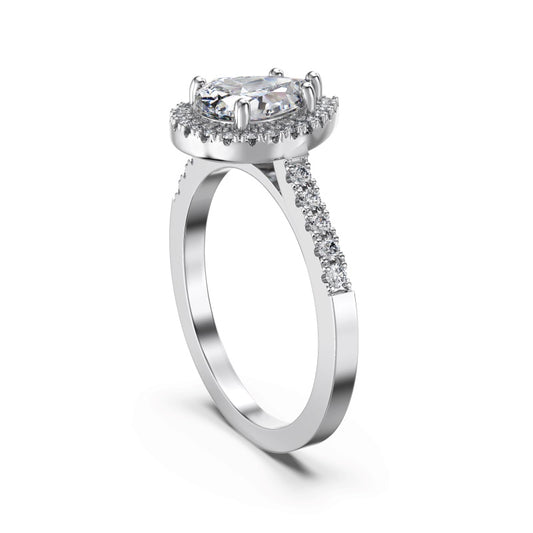 pear halo ring with cz side stones standing up flat