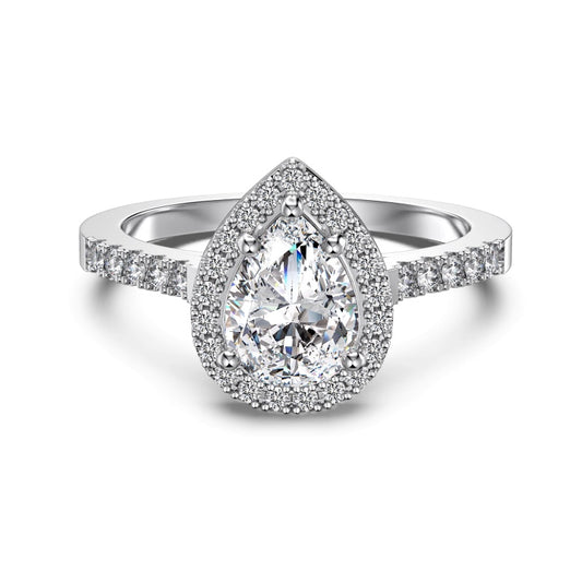 pear halo ring with cz side stones around half the ring
