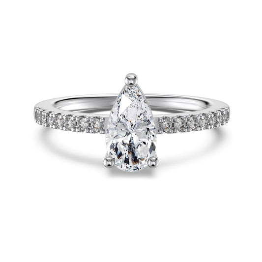 pear ring in silver on half pave band with a slim centre stone