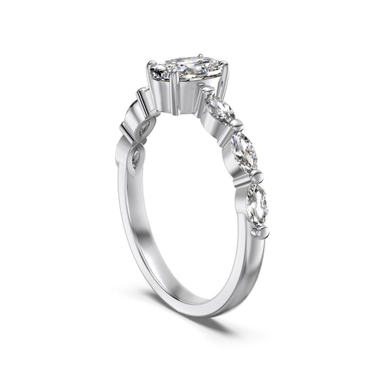 oval fake engagement ring in silver on marquise floating band on white background