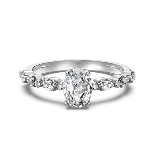 oval fake engagement ring in silver on marquise floating band