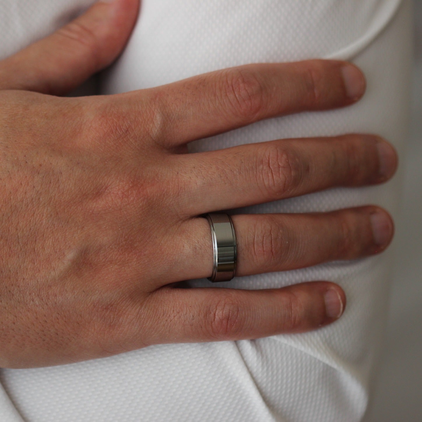 polished silver mens ring with stepped edges 8mm width
